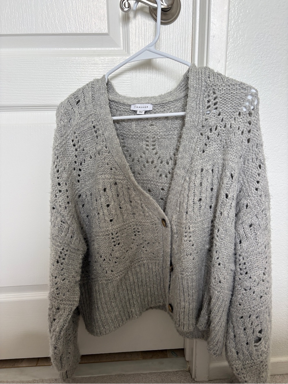 Topshop Gray Open-Knit V-Neck Button Cardigan